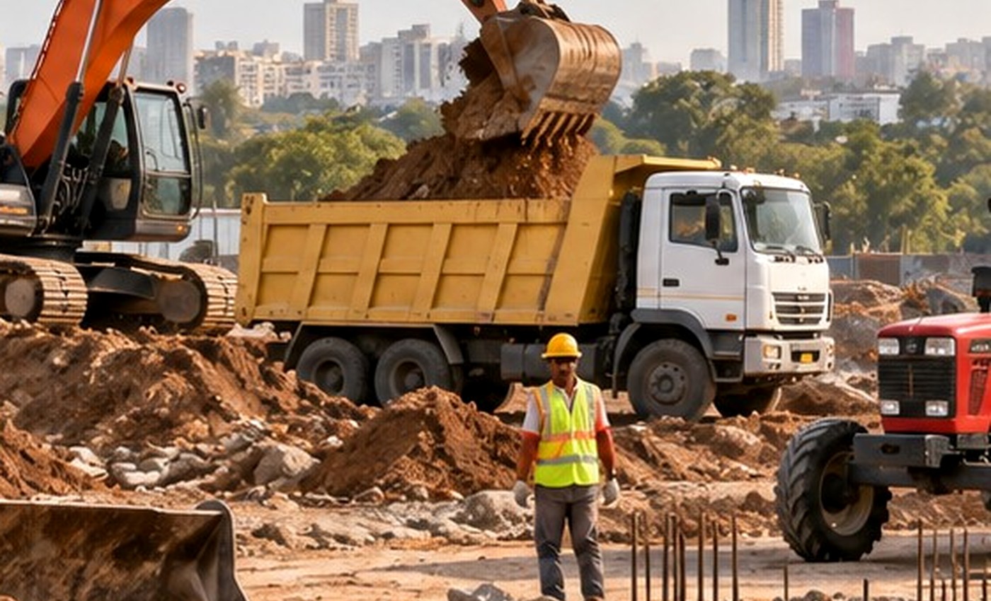 Excavator working on deep earthmoving and excavation