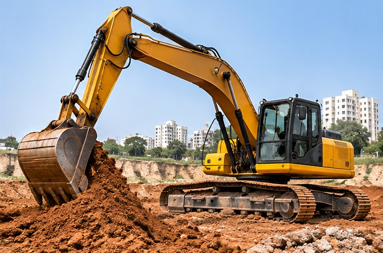 Tracked excavator digging and moving soil on a construction site