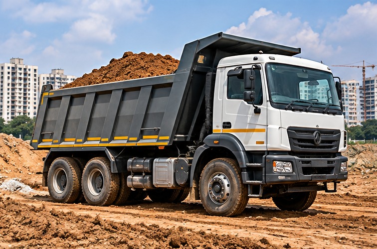 Tipper truck carrying excavated soil from a construction site