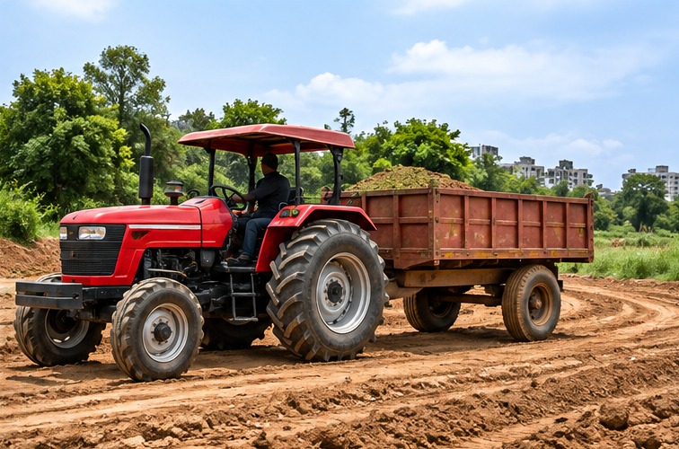 Tractor with trailer carrying soil for agricultural and earthmoving work