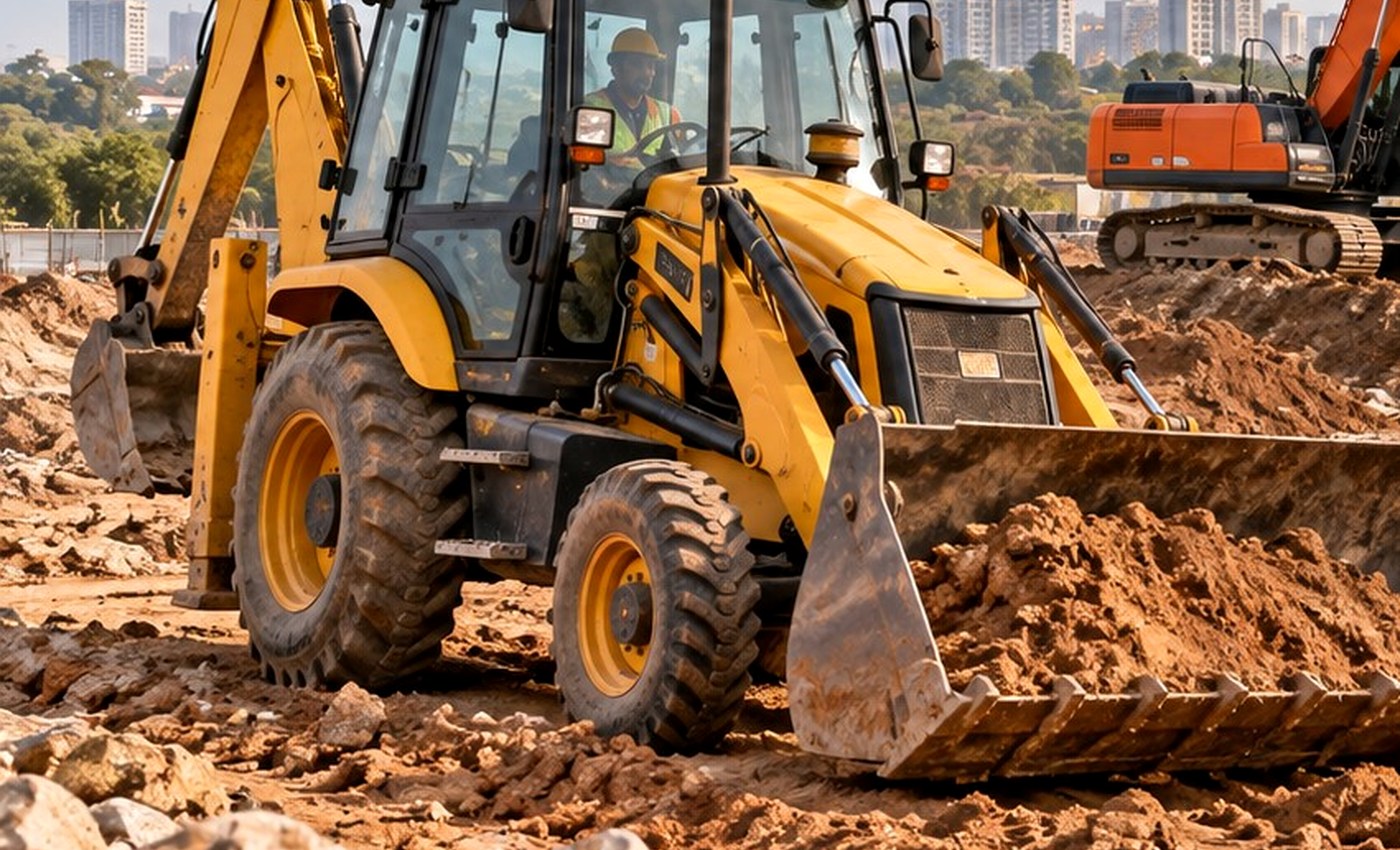 JCB clearing vegetation and debris from a construction site in Bangalore