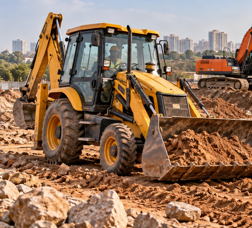 JCB backhoe loader working on an earthmoving construction site