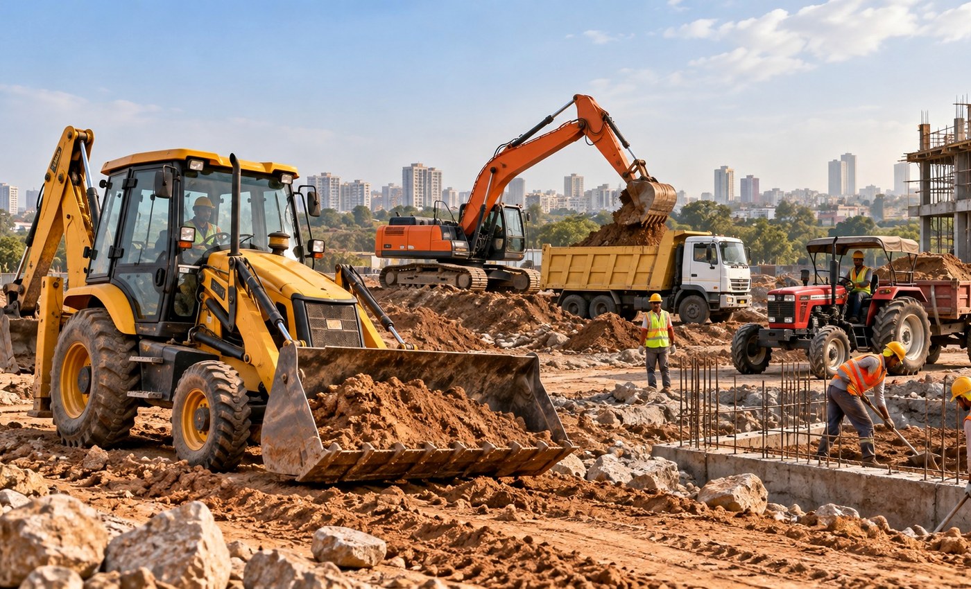 Heavy earthmoving equipment supporting a large construction project in Bangalore