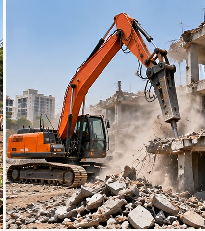 Excavator with breaker demolishing a concrete structure