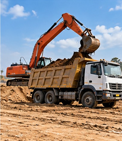 Excavator loading a tipper for soil and material transportation