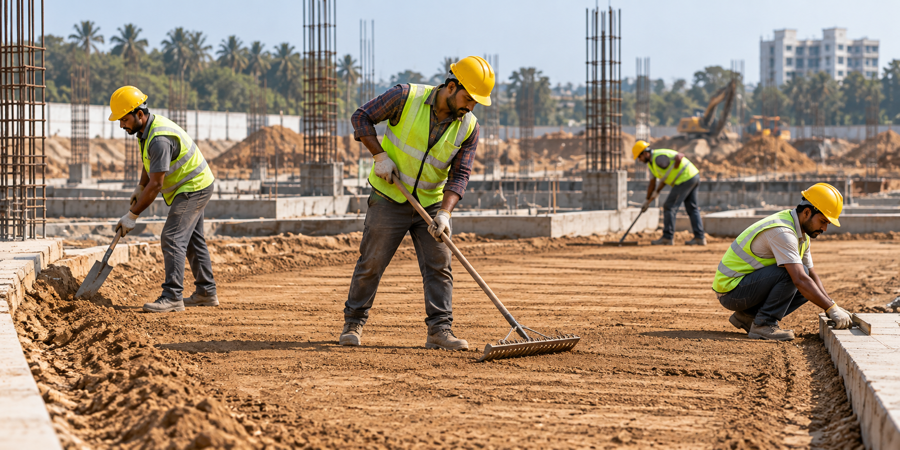 Skilled earthwork labour levelling and finishing a construction site