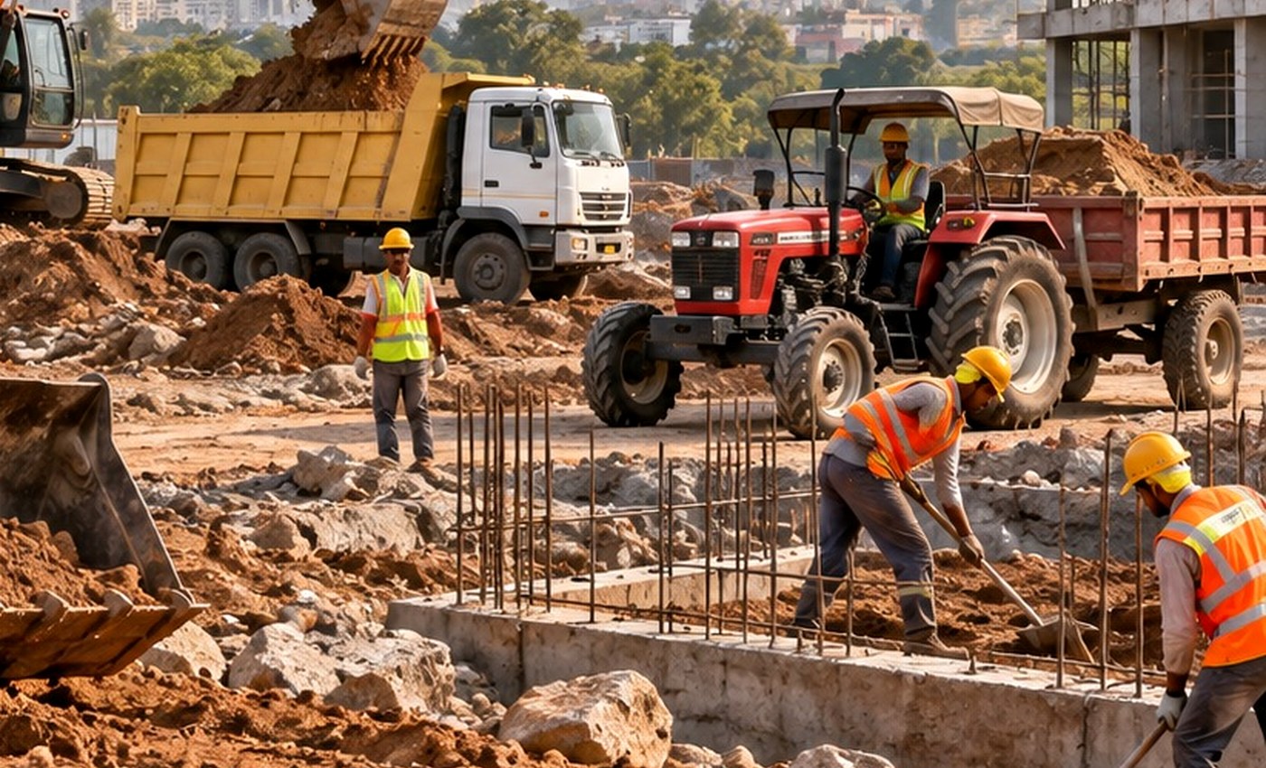 Excavator loading excavated soil into a tipper at a construction site