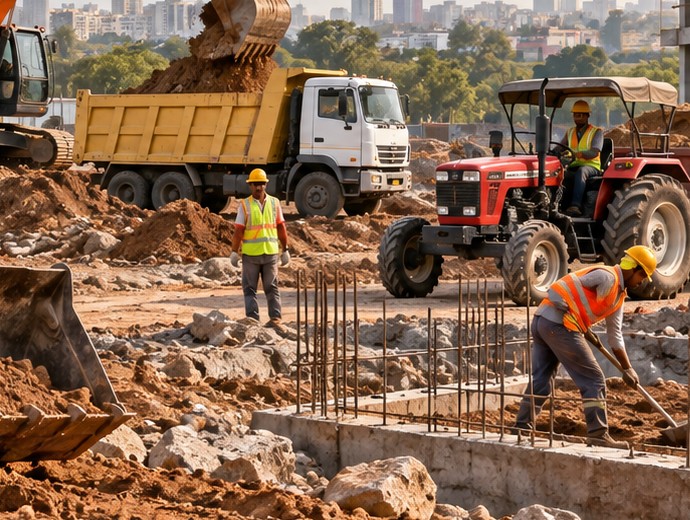 Tipper truck supporting soil movement at a construction site