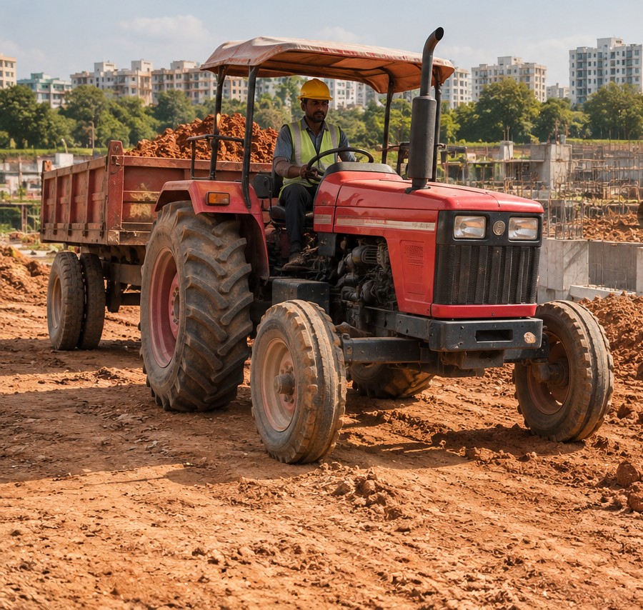 Tractor with trailer working at an Indian construction site