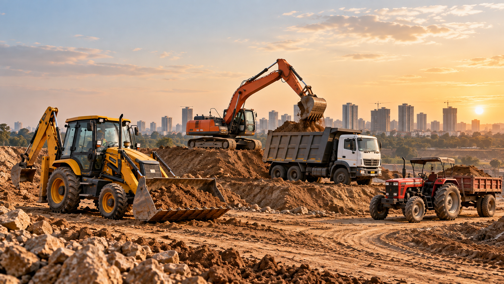 JCB, excavator, tipper and tractor working on an earthmoving construction site